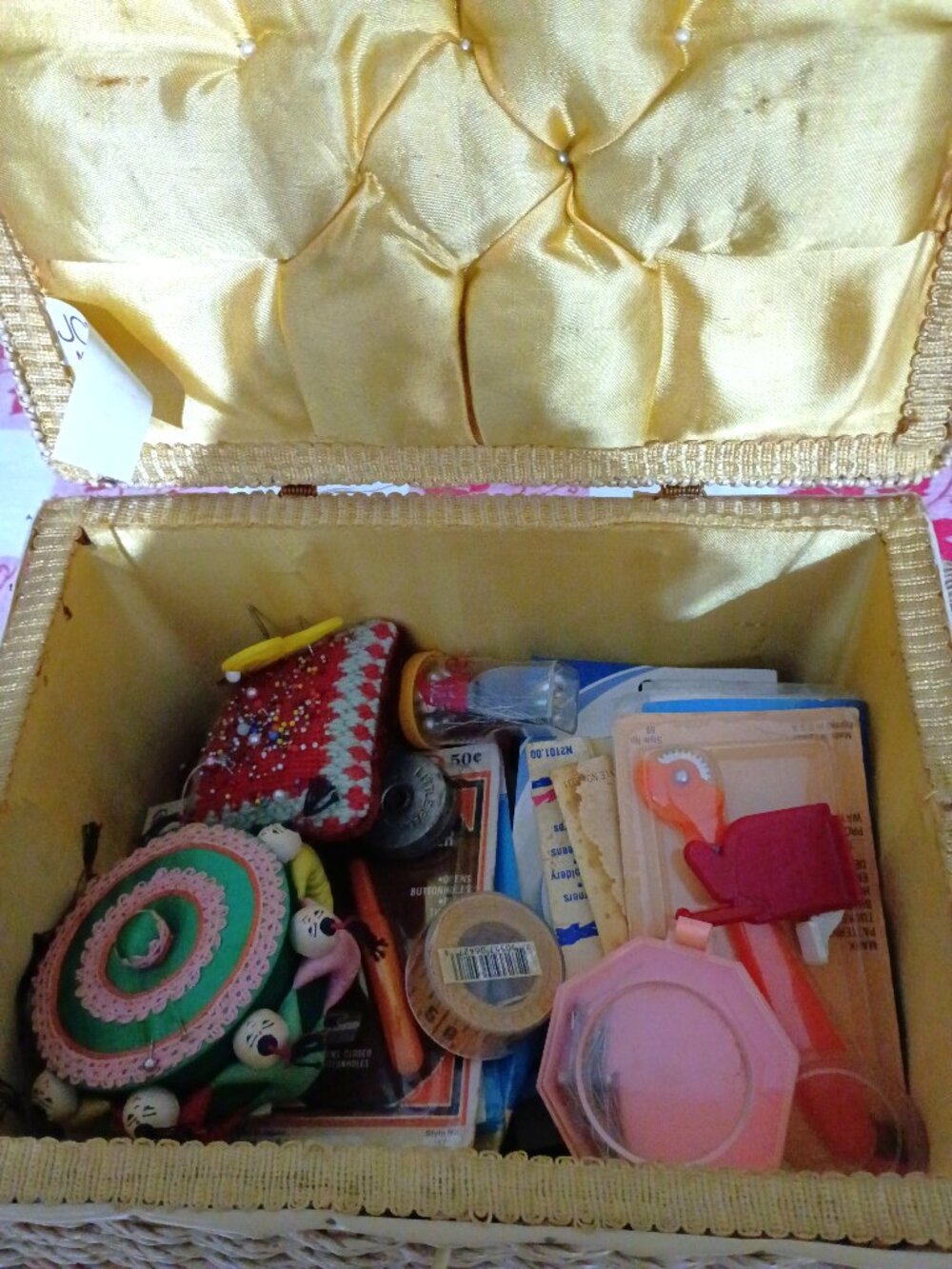 Vintage 1960s-70s Sewing basket with satin & lace, vintage original contents